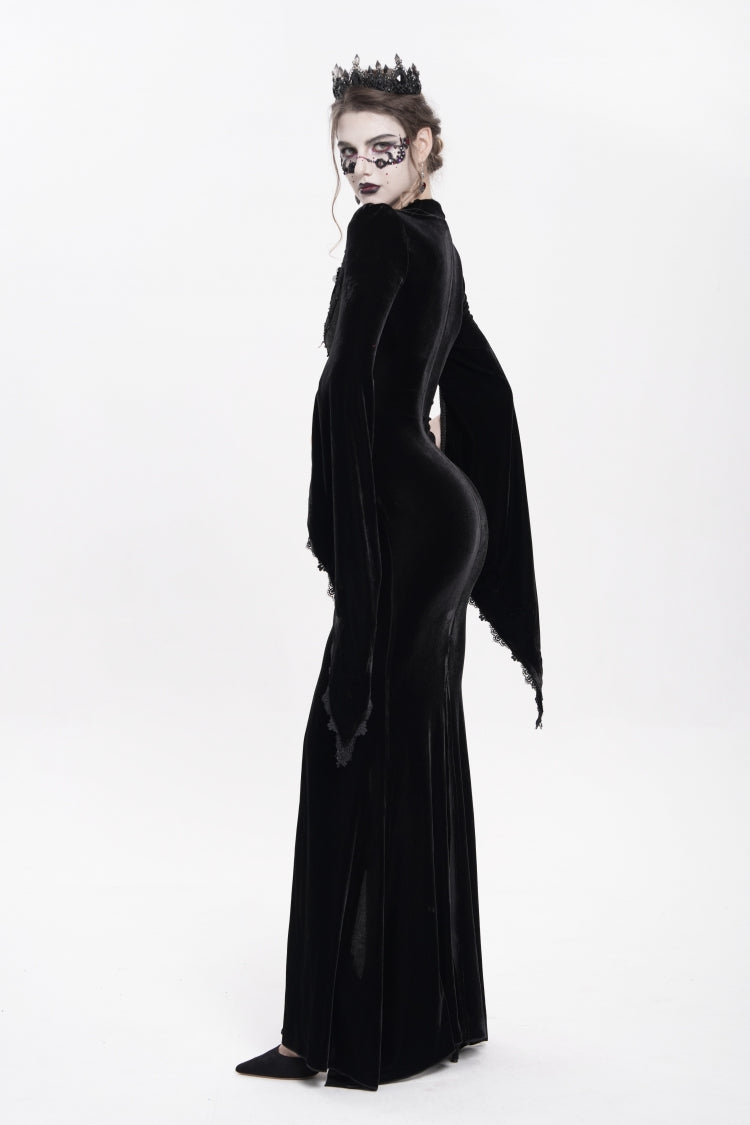 Black V Collar Long Trumpet Sleeves Floral Embroidered Velvet Women's Gothic Dress - Product - 6