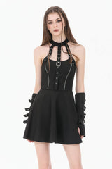 Black Buckled Zippered Women's Punk Halterneck Dress - Black - 1