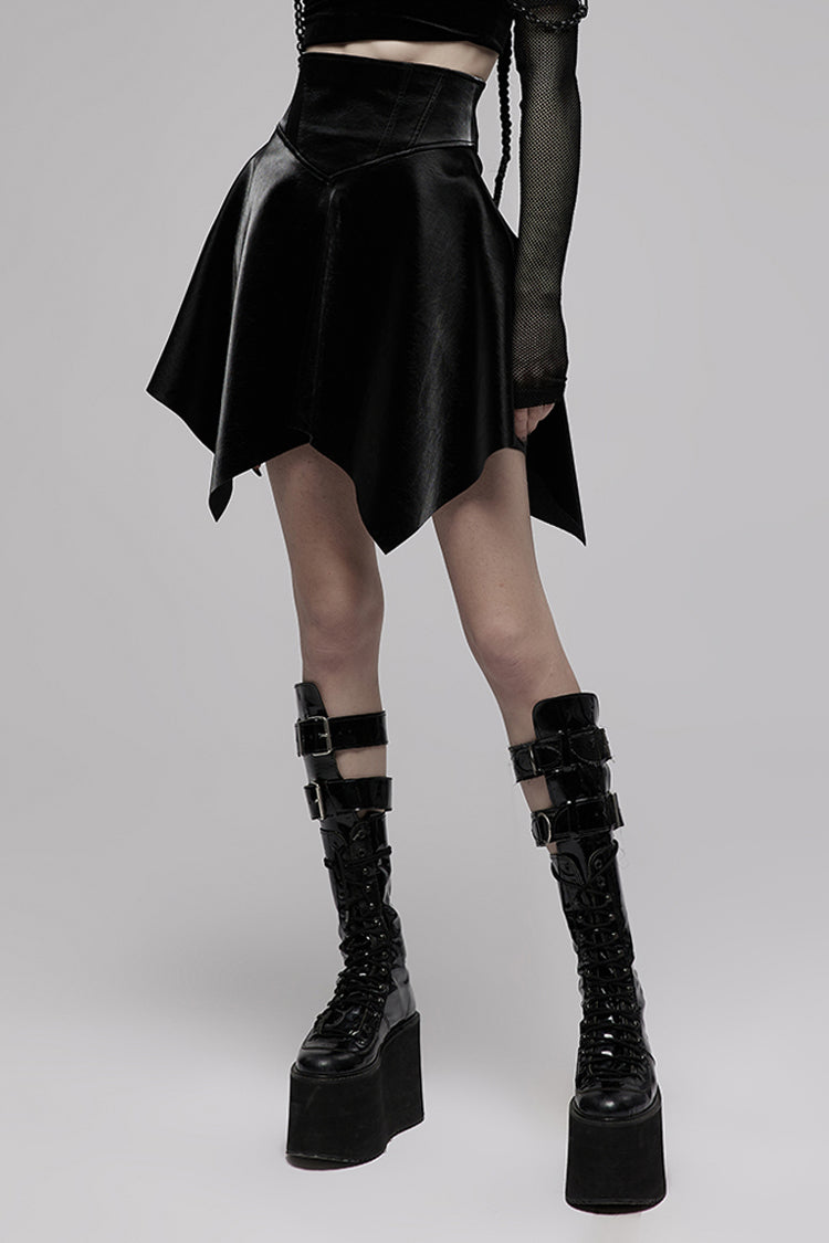 Black Glossy Cortex Waist Seal Square Hem High Waist Women's Gothic Skirt - Product - 2