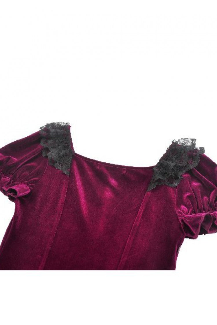 Wine Red Square Collar Short Puff Sleeves Velvet Patchwork Lace Lace-Up Women's Gothic Dress - Product - 15