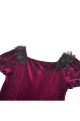 Wine Red Square Collar Short Puff Sleeves Velvet Patchwork Lace Lace-Up Women's Gothic Dress - Product - 15