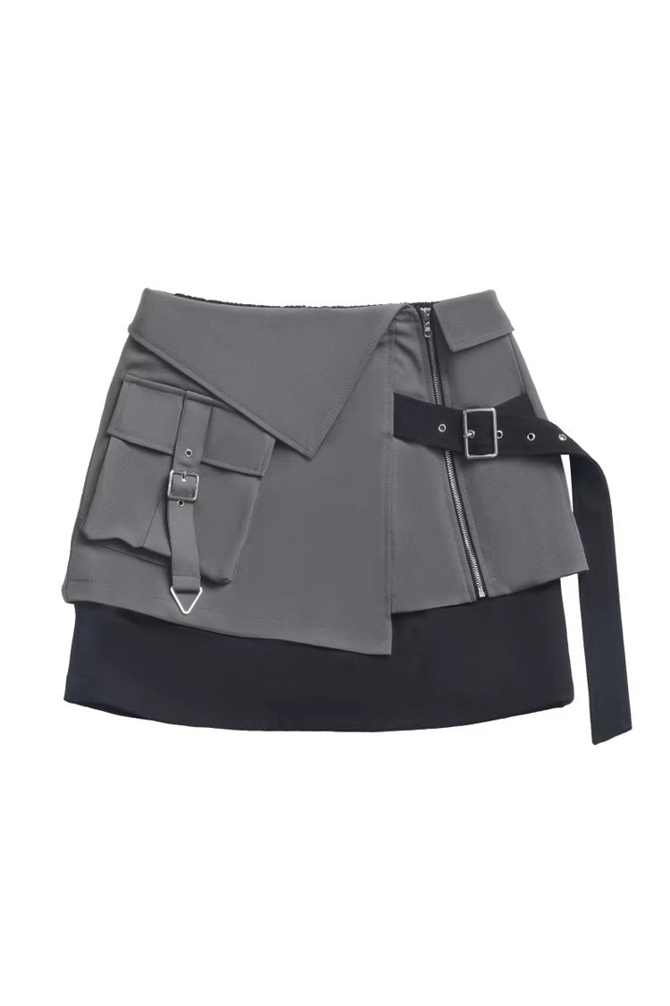 Black [Holographic Cruise] Techwear Long Sleeves Spliced Zippered Gothic Jirai Kei Skirt and Coat Set - Skirt - 9