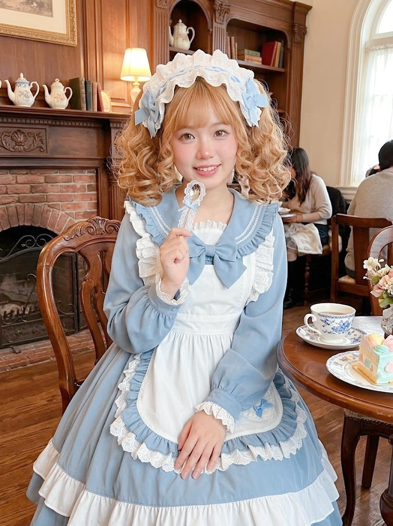 Blue Lolita Dress with Apron Ruffled Lace Outfit - view 4