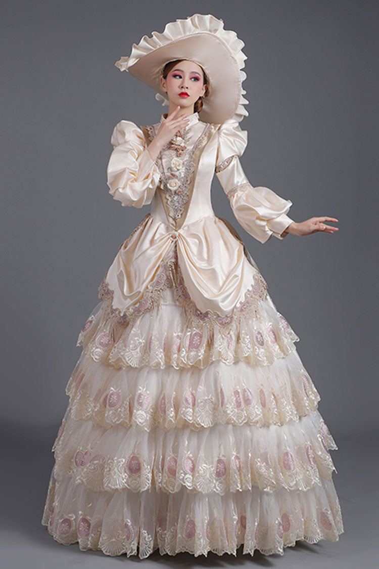 Champagne Lantern Sleeves High Waisted Three Dimensional Flower Print Victorian Lolita Prom Tiered Dress - Product - 3
