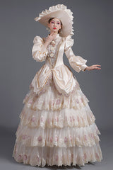 Champagne Lantern Sleeves High Waisted Three Dimensional Flower Print Victorian Lolita Prom Tiered Dress - Product - 3
