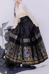 Black Chinese Style Print High Waisted Womens Hanfu Skirt - Black - 1