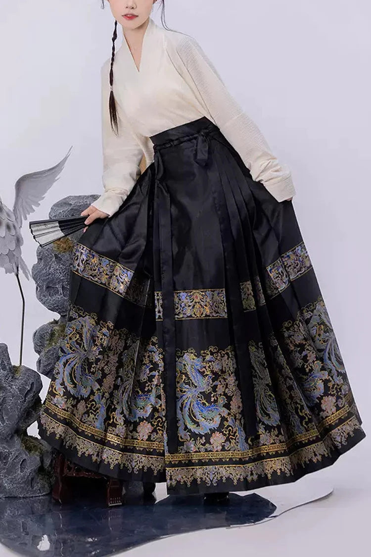 Black Chinese Style Print High Waisted Womens Hanfu Skirt - Black - 1