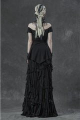 Black Short Sleeve Orizontal Neck Front Chest Lace Embroidery Frill Hem Women's Gothic T-Shirt - Product - 4