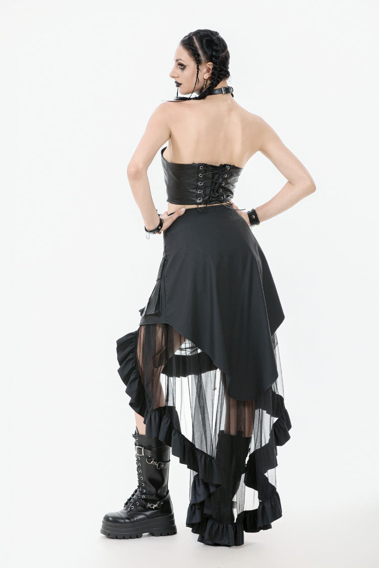 Black Eyelet Straps Women's High-Low Multi-Layered Ruffled Sheer Mesh Punk Skirt - Product - 13