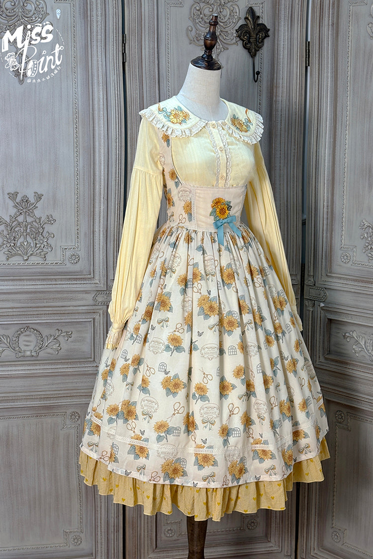 Apricot [Gardening Sunflower] Sleeveless Print Ruffle Bowknot Sweet Elegant Uplift Lolita Jsk Dress - Product - 8