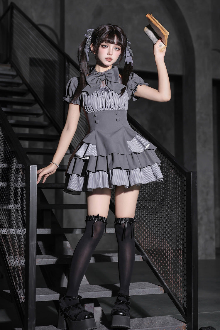 Classic Square Collar Halterneck Short Sleeves Triple-Layered Printed Ruffled Bow Cool Lolita Dress Set 2 Colors(Black, Grey) - Product - 19