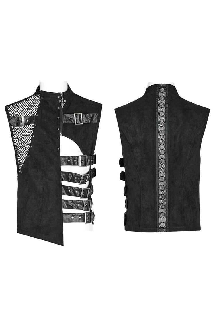 Black Sleeveless Hollow Suede Leather Stitching Irregular Mens Gothic Vest - Product - 5