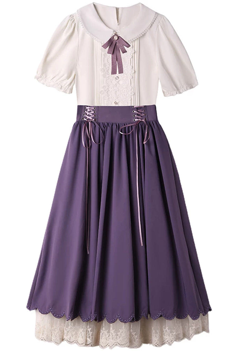 Solid Color Lapel Collar Short Sleeves High Waisted Lace-Up Wave Hem Classic Lolita Two-Piece Skirt Set 7 Colors - Product - 6