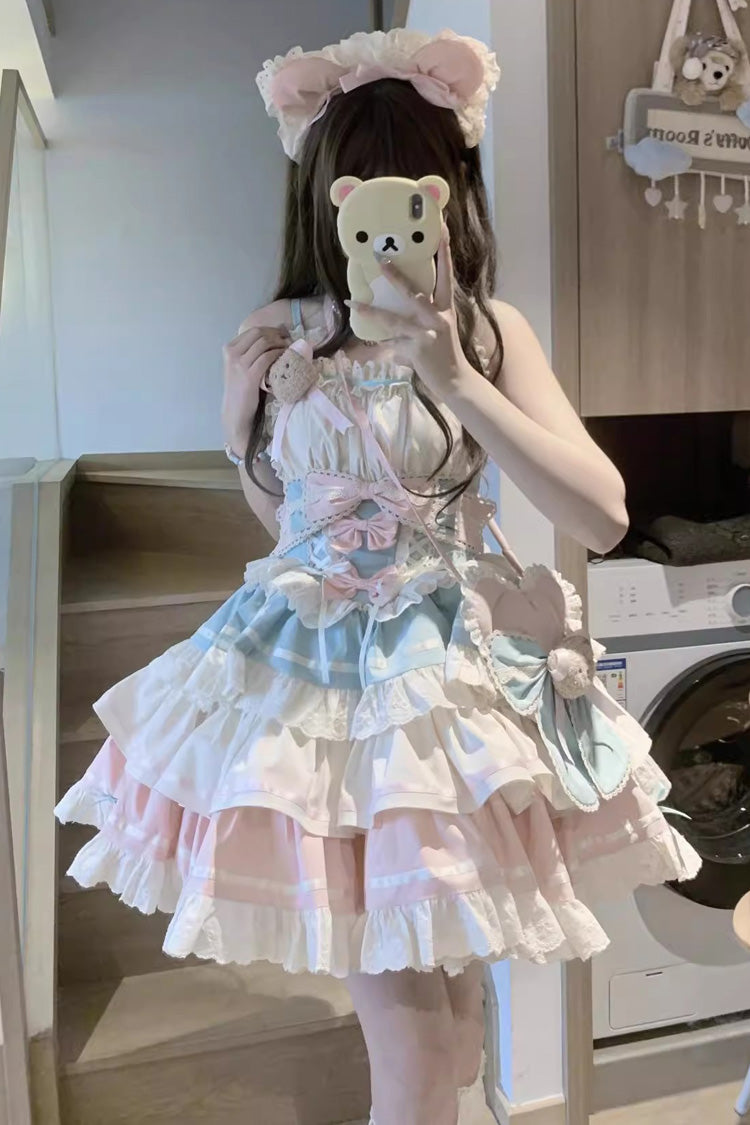 Blue/Pink [First Love Bear] Multi-Layered Ruffle Bowknot Lace Sweet Lolita Jsk Dress - Product - 2