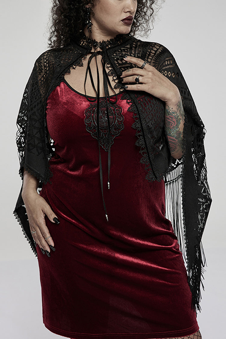 Black Openwork Lace Embroidery Pattern Decoration Hem Fringed Design Elasticated Neckline Women's Gothic Shawl - Black - 1