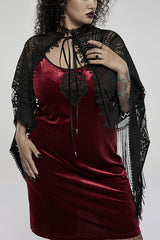 Black Openwork Lace Embroidery Pattern Decoration Hem Fringed Design Elasticated Neckline Women's Gothic Shawl - Black - 1