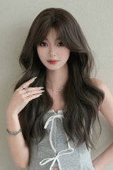 Cool Brown Fluffy Long Loose-Wavy Sweet Lolita Wig with Face-Framing Curtain Bangs - Product - 7