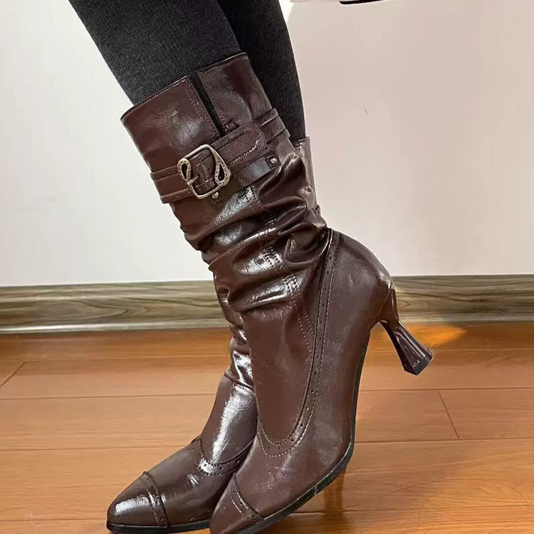 Retro Faux Leather Pointed Toe High Heel Lolita Boots 3 Colors - Product - 6