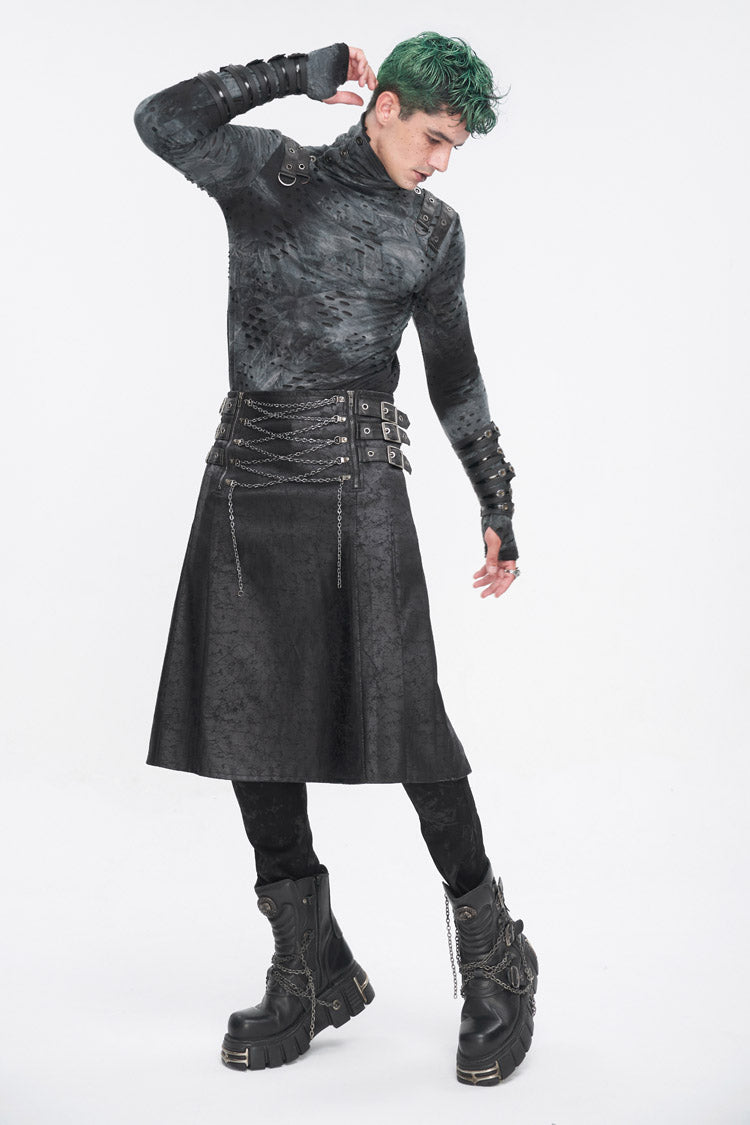 Black Print Chain Multi Buckle Men's Gothic Skirt - Product - 6