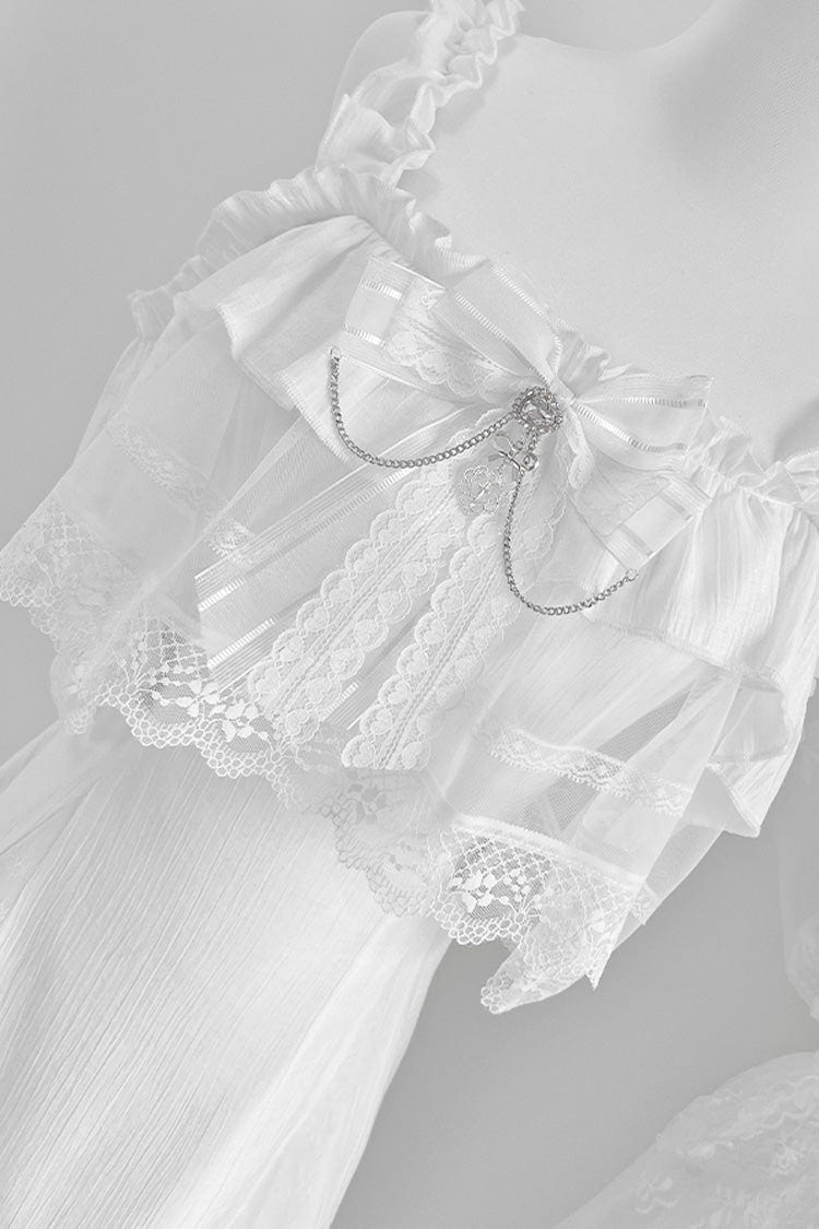 White [Pear Moon] Ruffle Bowknot Lace Jirai Kei Japanese Dress - Product - 5