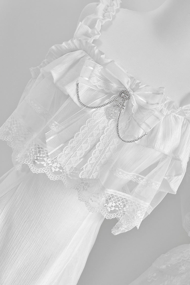 White [Pear Moon] Ruffle Bowknot Lace Jirai Kei Japanese Dress - Product - 5
