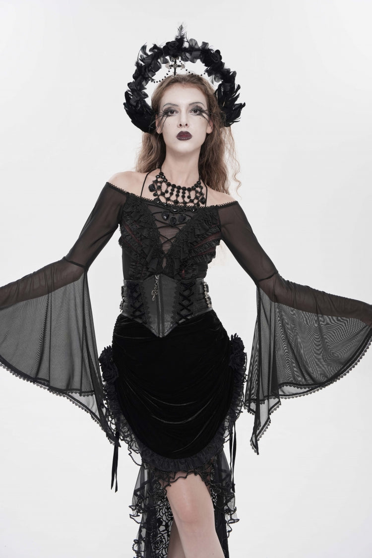Black Crochet Lace-Up Slim Zippered Women's Gothic Accessory Zip Girdle - Black - 1