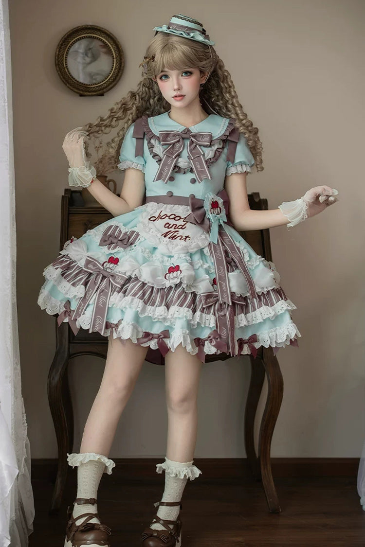Green [Cherry Mille-Feuille] Lapel Collar Short Sleeves Triple-Layered Printed Ruffled Bow Lace Princess Sweet Lolita Dress - Product - 4