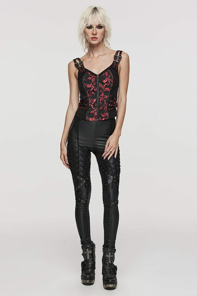 Steampunk Sleeveless Jacquard Print Metal Buckle Strap Metal Zipper Hollow Lace-Up Women's Vest 4 Colors - Product - 28