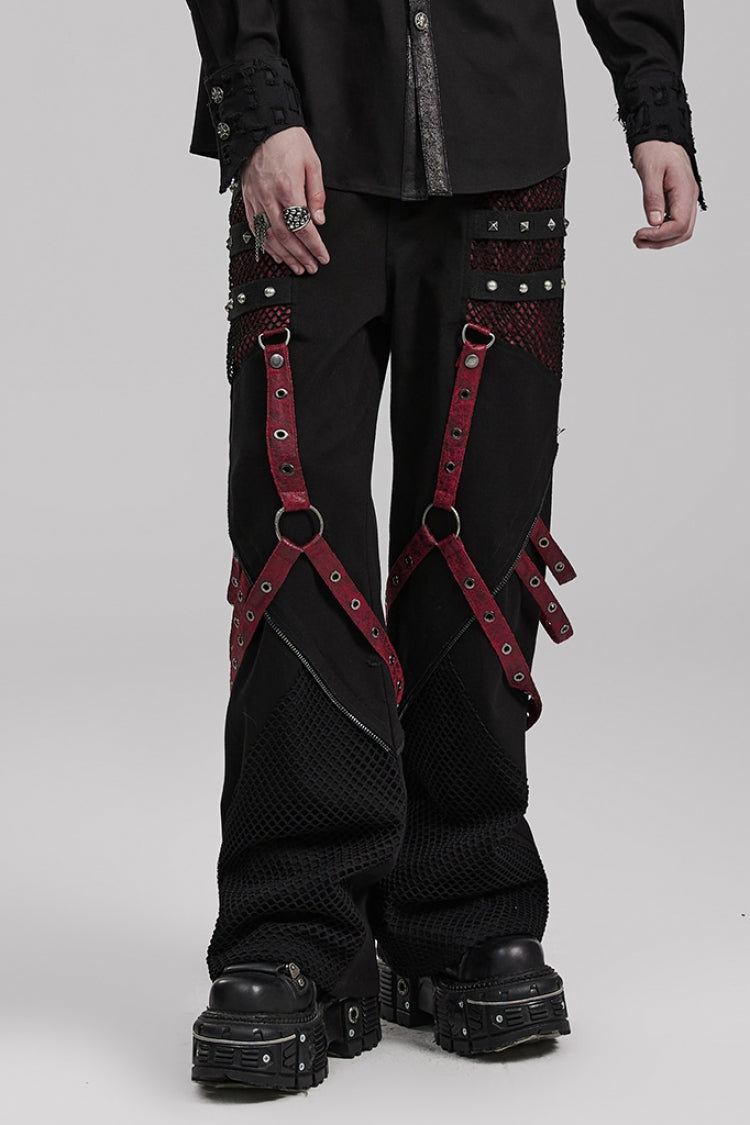 Cracked Leather Stitching Metal Rivet Decoration Mesh Men's Steampunk Pants 2 Colors - Black/Red - 9