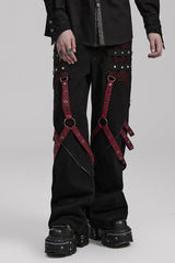Cracked Leather Stitching Metal Rivet Decoration Mesh Men's Steampunk Pants 2 Colors - Black/Red - 9