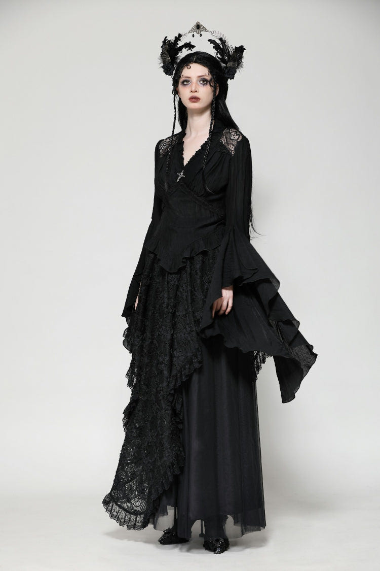 Black Ruffled V Collar Cross Ornament Long Trumpet Sleeves Pleated Women's Gothic Top - Product - 9