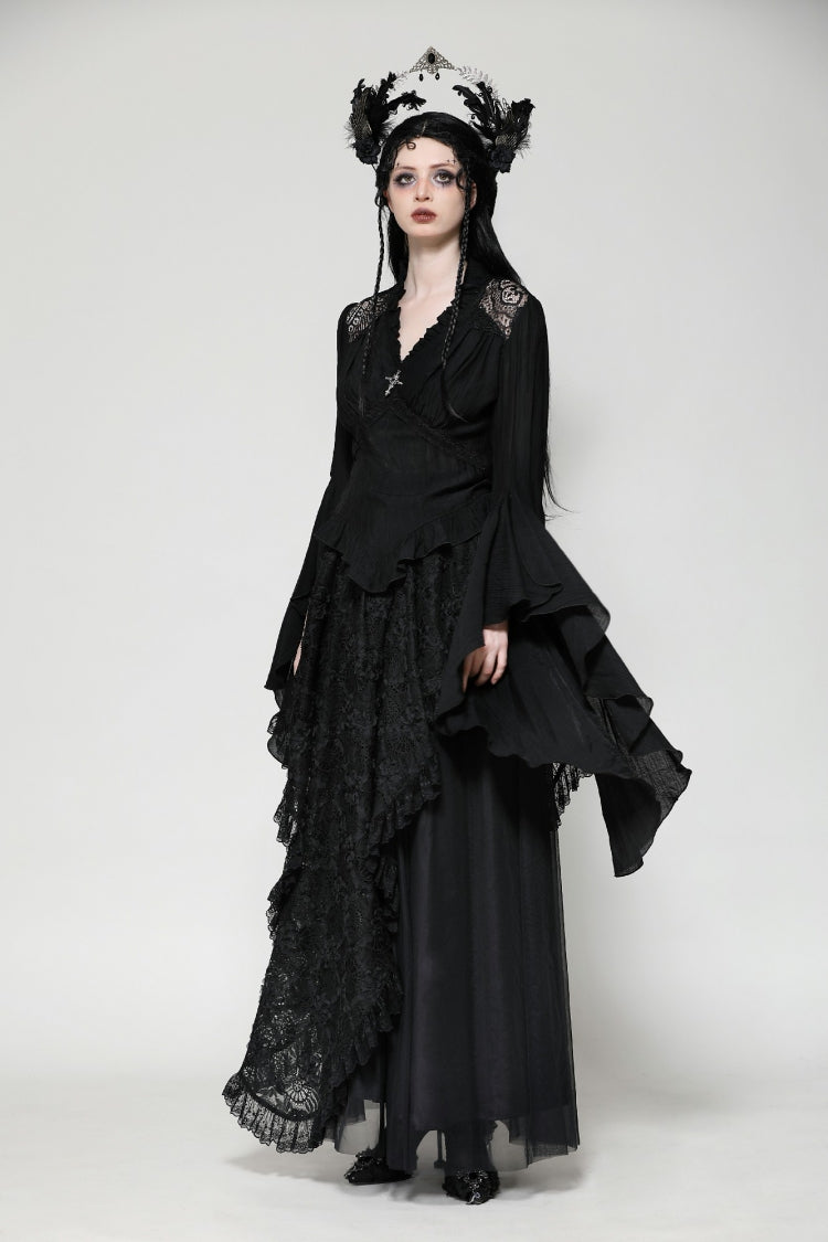 Black Ruffled V Collar Cross Ornament Long Trumpet Sleeves Pleated Women's Gothic Top - Product - 9