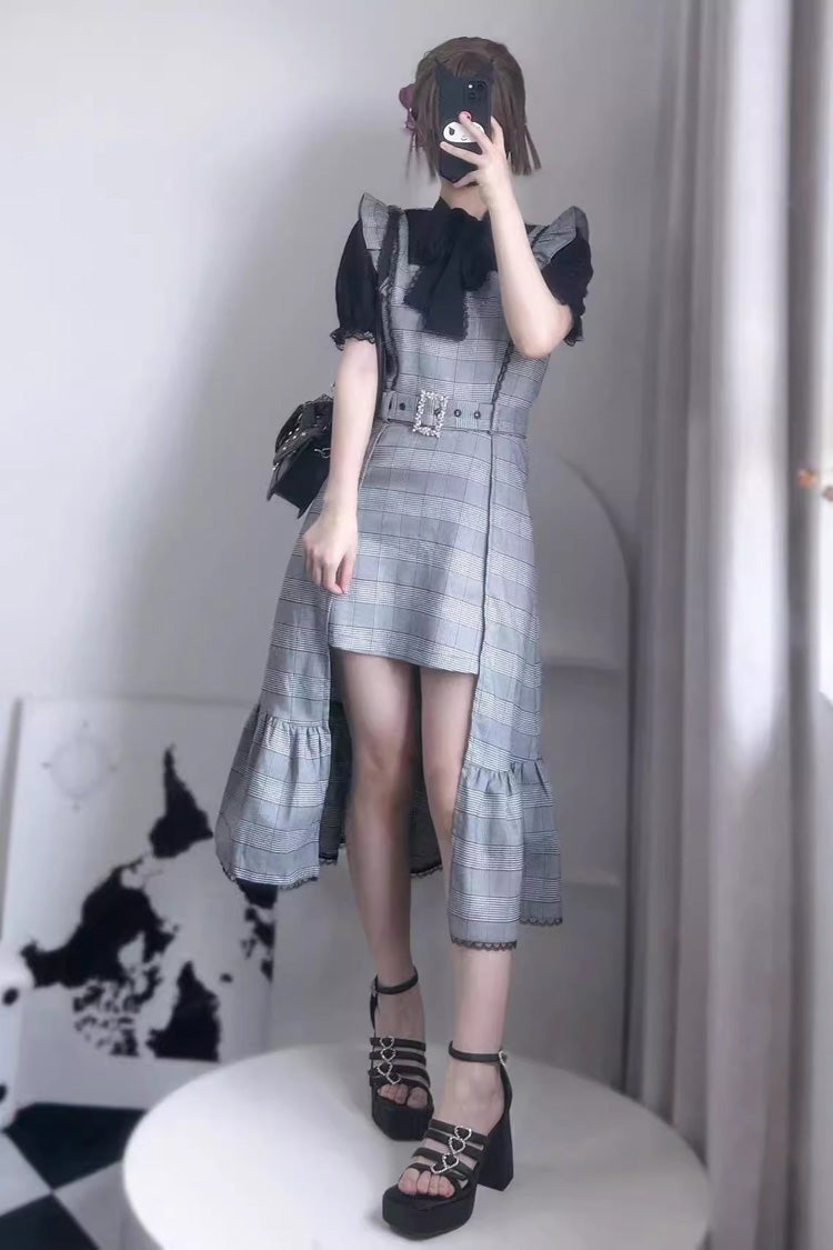 Grey Sleeveless Plaid Print Ruffle Slim Elegant Irregular Jirai Kei Dress - Product - 2