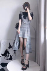 Grey Sleeveless Plaid Print Ruffle Slim Elegant Irregular Jirai Kei Dress - Product - 2