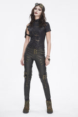 Black Prints Spaghetti Straps Buckle Womens Punk Short Sleeves - Product - 2