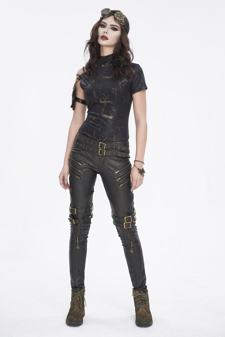 Black Prints Spaghetti Straps Buckle Womens Punk Short Sleeves - Product - 2