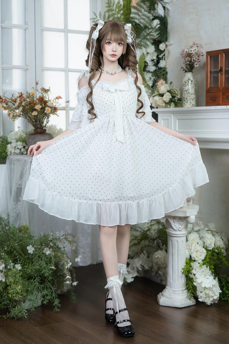 White Off Shoulder Short Sleeves Polka Dots Printed Ruffled Bow Lace Sweet Elegant Palace Lolita Dress - White - 1