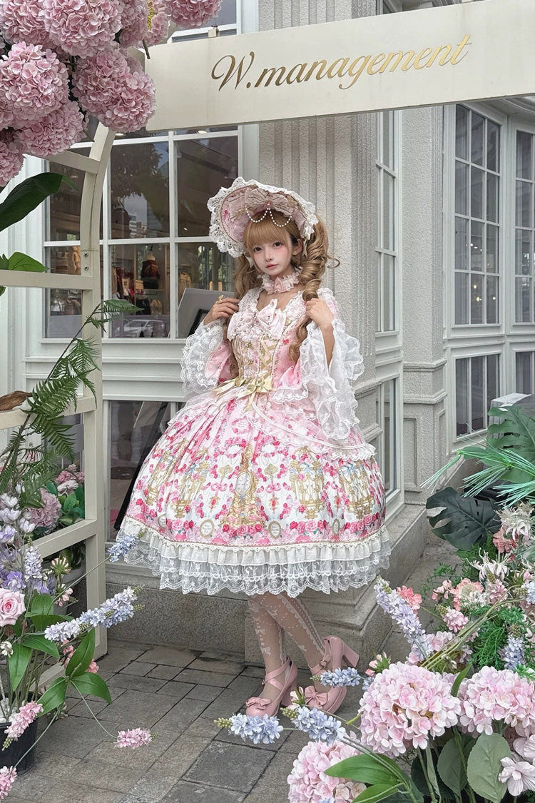 Pink [Rose Garden Prelude] Square Collar Long Trumpet Sleeves Printed Ruffled Bow Lace Lace-Up Sweet Lolita Dress - Product - 9