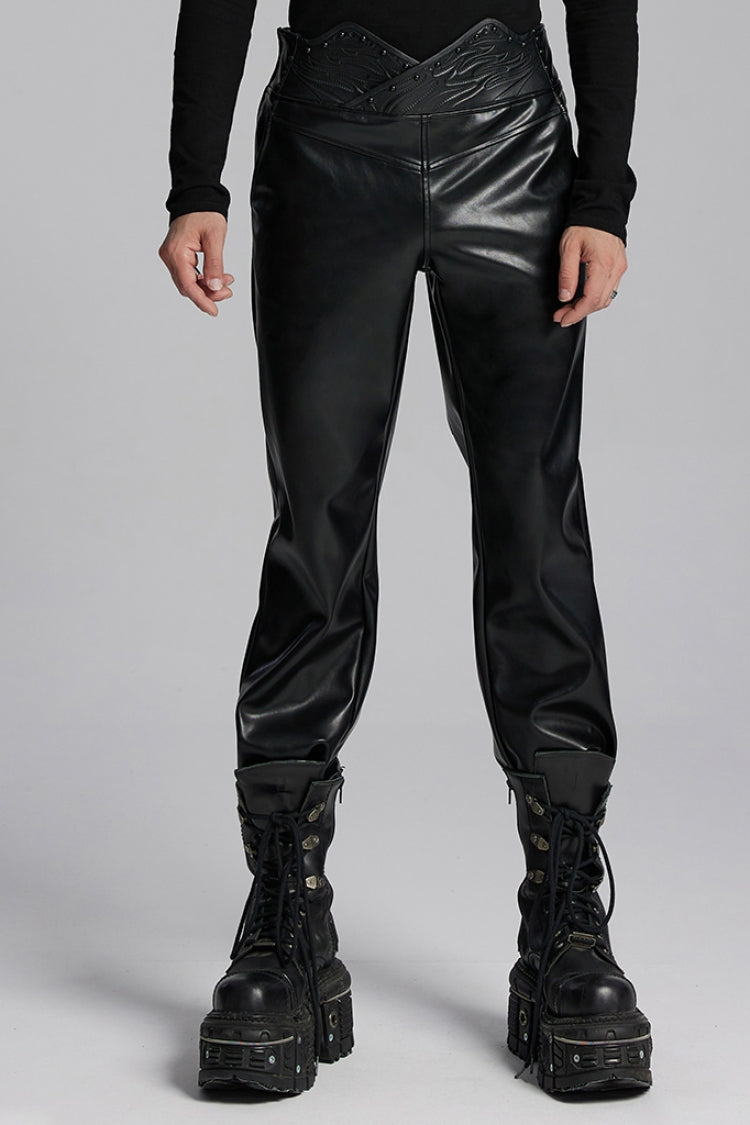 Black Print Men's Punk Leather Pants - Black - 1