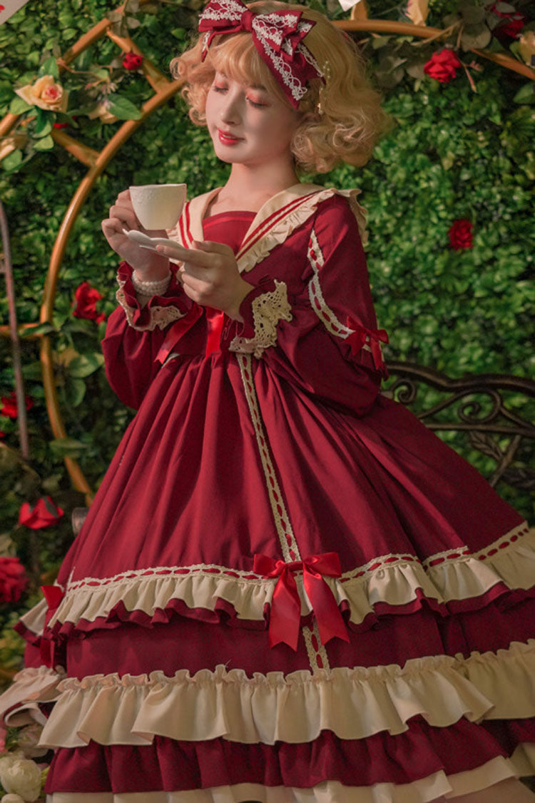 Court Style Long Sleeves High Waisted Bowknot Ruffled Multi-Layer Classic Lolita Op Dress - Product - 5