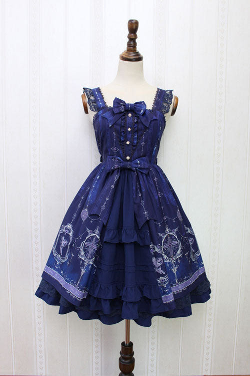 Angel Cross Print Lace Bowknot Cardigan Ruffled Sweet Lolita JSK Dress - Blue - 7