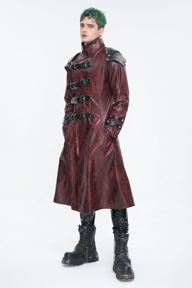 Red Stand Collar Multi Buckle Faux Long Leather Men's Punk Coat - Product - 4