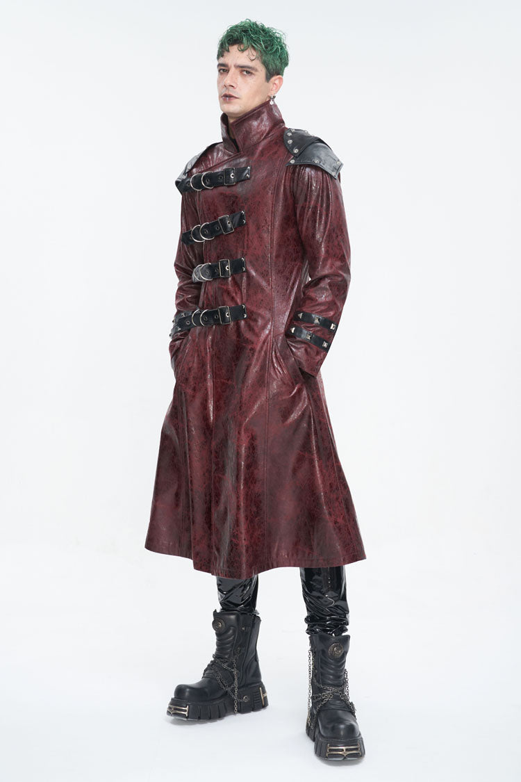 Red Stand Collar Multi Buckle Faux Long Leather Men's Punk Coat - Product - 4