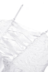 White Sleeveless High/Low Multi-Layered Jacquard Lace Lace-Up Women's Gothic Slip Wedding Graduation Dress - Product - 15