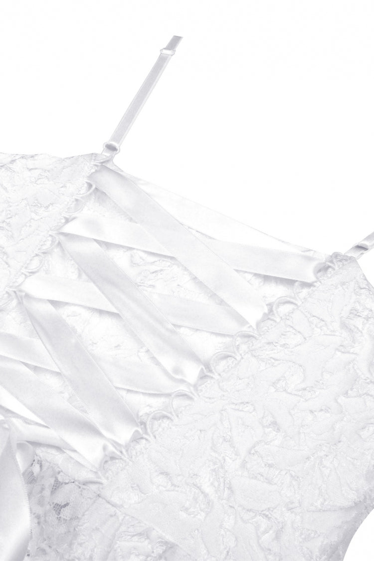 White Sleeveless High/Low Multi-Layered Jacquard Lace Lace-Up Women's Gothic Slip Wedding Graduation Dress - Product - 15