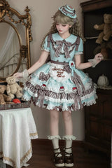 Green [Cherry Mille-Feuille] Lapel Collar Short Sleeves Triple-Layered Printed Ruffled Bow Lace Princess Sweet Lolita Dress - Product - 5