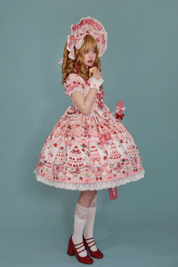 [Strawberry Cake Bouquet] Print Square Collar Short Sleeves Bowknot Lace Sweet Lolita Dress 3 Colors - Product - 12