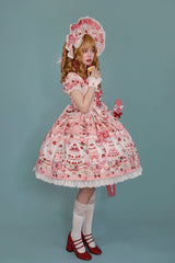 [Strawberry Cake Bouquet] Print Square Collar Short Sleeves Bowknot Lace Sweet Lolita Dress 3 Colors - Product - 12