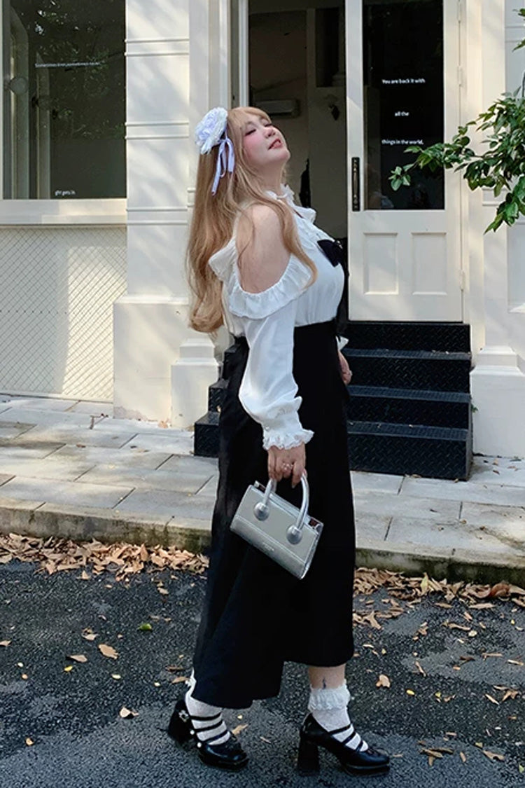 Black/White V Collar Off Shoulder Long Sleeves Ruffled Bow Faux Two-Piece Classic Plus Size Lolita Dress - Product - 6