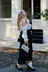 Black/White V Collar Off Shoulder Long Sleeves Ruffled Bow Faux Two-Piece Classic Plus Size Lolita Dress - Product - 6